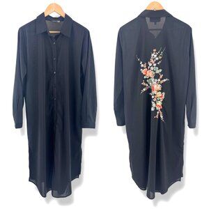 Black Shirt Dress Buttons Duster Floral Embroidered Size Large Boho Bohemian